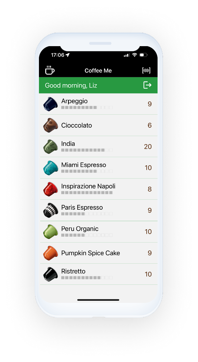 phone with coffee-me main screen